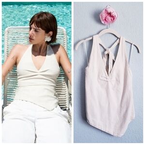 Zara Natural Linen Cotton Blend Asymmetrical Halter Top